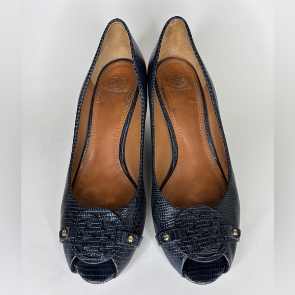 Tory Burch Shoes Wedge Heels Women Size 10M Blue Leather Logo Open Toe - Picture 11 of 16
